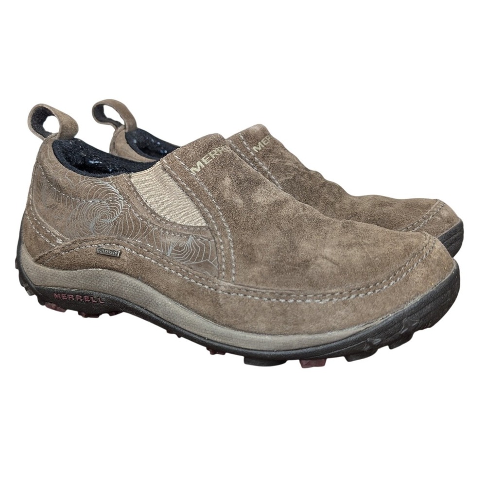 Merrell Women's 6 Zoya slip-on shoes featuring a bracken brown suede uppers
